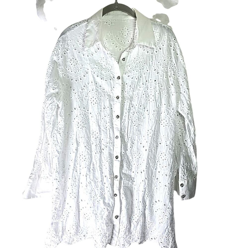 Eyelet Button Up Long Sleeve Shirt XL Long Office Career Formal Holiday Chic